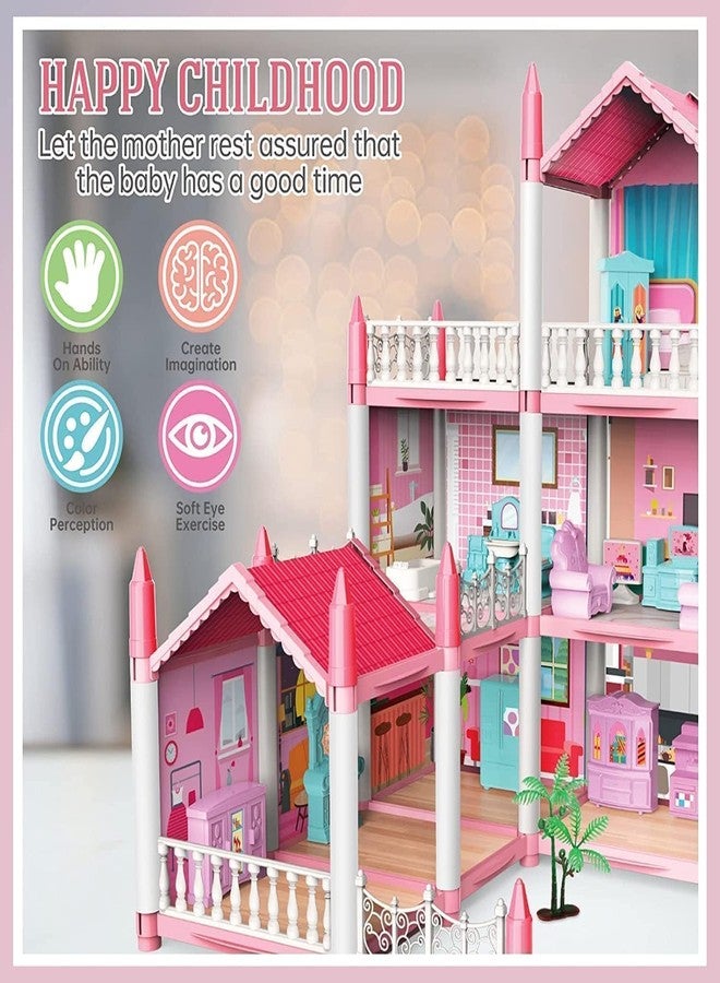 Daji Doll House Building Toys with Lights to Assemble Kitchen, Bedroom, Furniture, Garden, Dolls, Pets, Pink Play Dream House for Girls, Girls Toddler DIY Ideas Gifts - Image 2